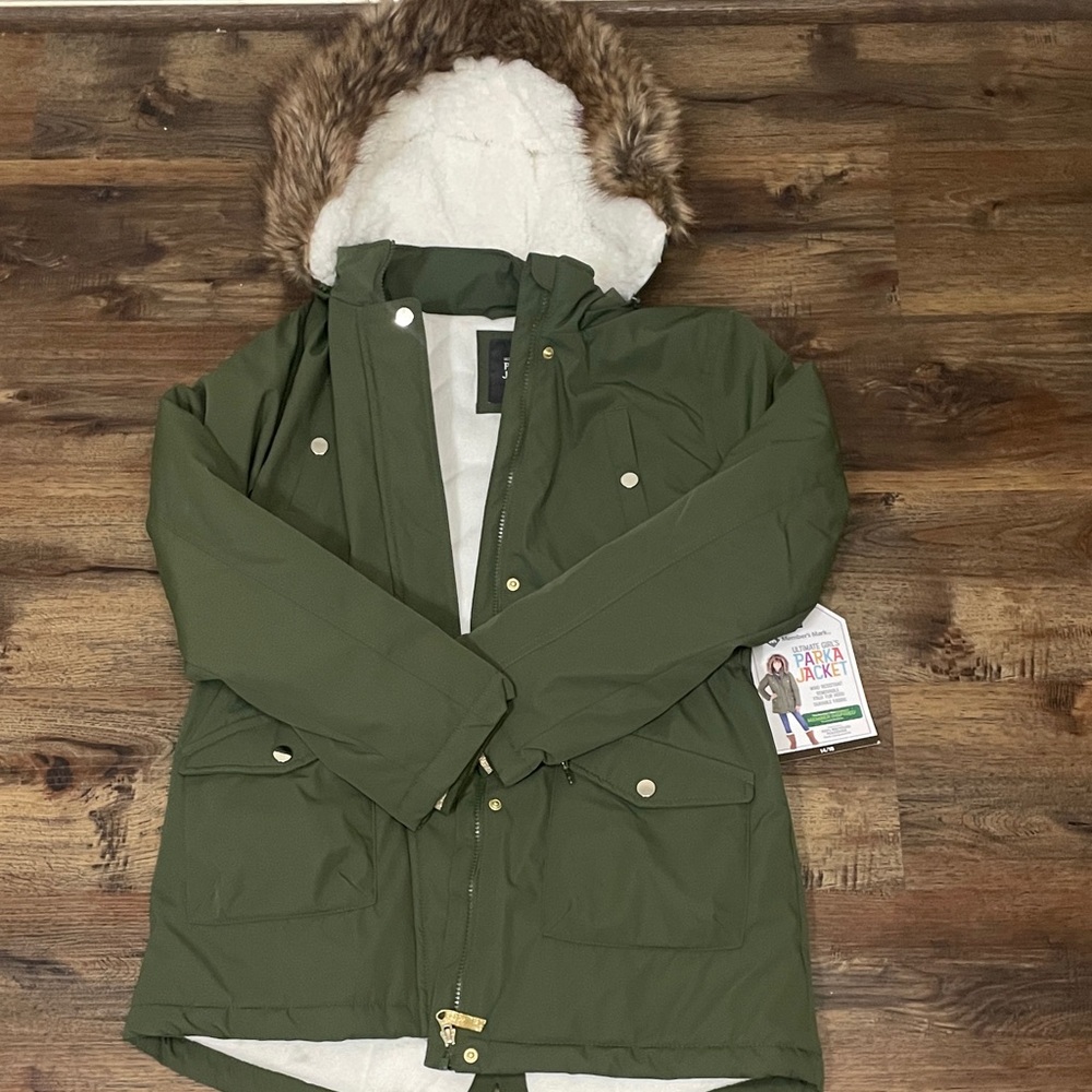 Kids Green Raincoat with Faux Fur Hood